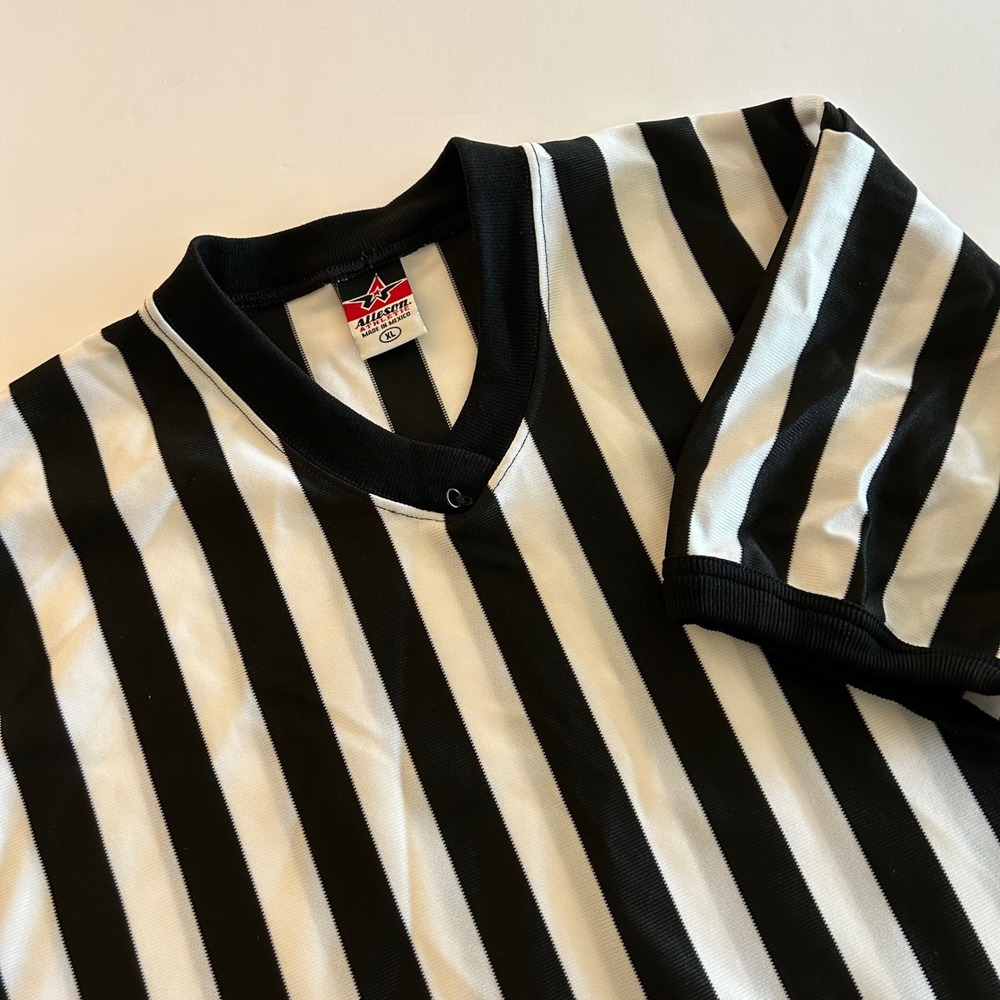Alleson Athletic Mens XL Referee Shirt Black White Striped Umpire Jersey V-Neck